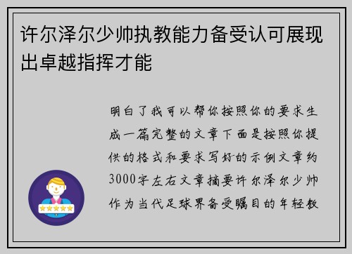 许尔泽尔少帅执教能力备受认可展现出卓越指挥才能